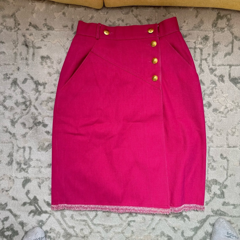 Rare Vintage Chanel Pink Denim Skirt with Logo Buttons